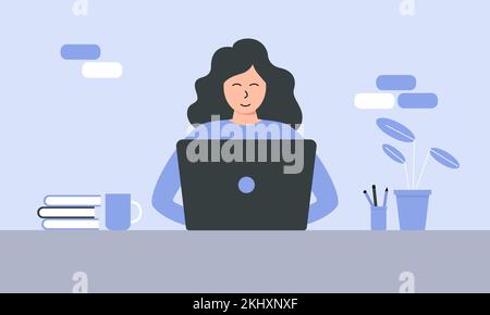 Woman working at home office. Character sitting at desk in room, looking at computer screen Stock Vector
