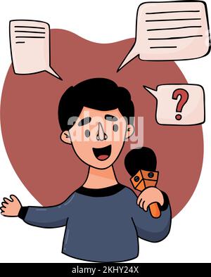 Portrait of man journalist reporting with microphone. live broadcast and online messages. Vector illustration. Conceptual male profession and journali Stock Vector