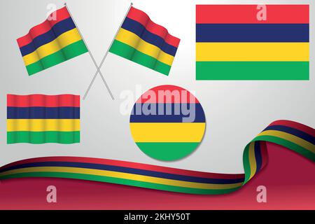 A vector set of different designs of the Mauritian National Flag in the shape of icons, flags, and a ribbon on a white background Stock Vector