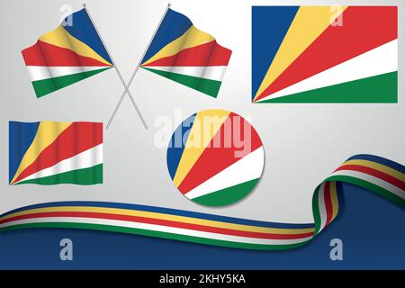 A vector set of different designs of the Seychellois National Flag in the shape of icons, flags, and a ribbon on a white background Stock Vector