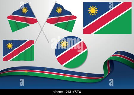 A vector set of different designs of the Namibian National Flag in the shape of icons, flags, and a ribbon on a white background Stock Vector