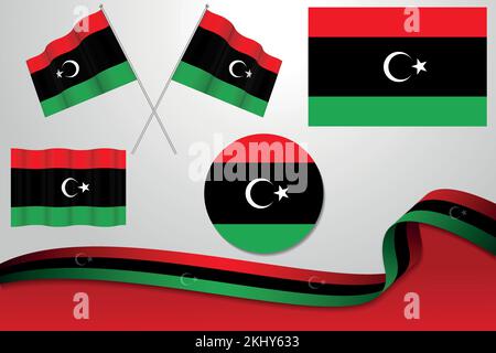 A vector set of different designs of the Libyan national flag in the shape of icons, flags, and a ribbon on a white background Stock Vector