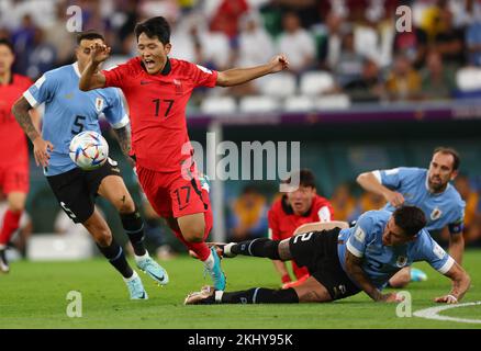 Ar Rayyan, Qatar. 24th Nov, 2022. Sangho Na of Korea tackled by Jose Maria Gimenez of Uruguay during the FIFA World Cup 2022 match at Education City Stadium, Ar Rayyan. Picture credit should read: David Klein/Sportimage Credit: Sportimage/Alamy Live News Stock Photo