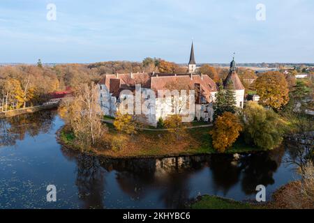 Jaunpils castle was built in 1301. as Livonia Order fortress. Latvia, aerial drone view Stock Photo