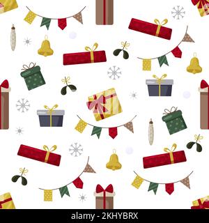 Christmas seamles pattern with tree, santa, decoration, gifts. Christmas seamless pattern perfect for textile, wrap and wallpaper and design. Stock Vector