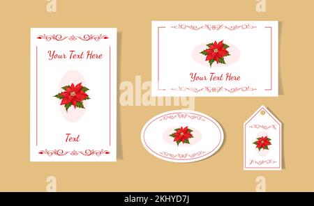 Editable white and red invitation, card, flyer, business card, sticker, tag template poinsettia Christmas star design Stock Vector