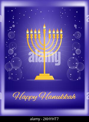Golden Hanukkah chandelier hanukkiah with burning candles on dark blue starry background Stock Vector