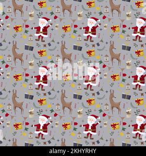 Christmas seamles pattern with tree, santa, decoration, gifts. Christmas seamless pattern perfect for textile, wrap and wallpaper and design. Stock Vector