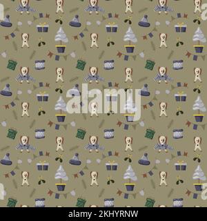 Christmas seamles pattern with tree, santa, decoration, gifts. Christmas seamless pattern perfect for textile, wrap and wallpaper and design. Stock Vector