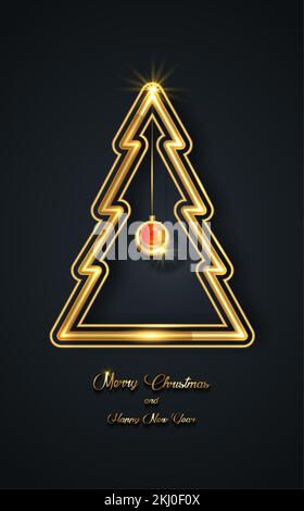 Gold geometric christmas tree with handwritten calligraphy isolated on black background. Design template for greeting card, invitation, flyer, poster. Stock Vector