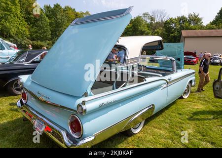 A powder blue 1959 Ford Fairlane 500 Galaxie Skyliner opened for display at a car show in Fort Wayne, Indiana, USA. Stock Photo
