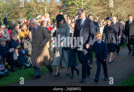 File photo dated 25/12/19 of The Prince of Wales, The Duke and Duchess of Cambridge and their children Prince George and Princess Charlotte arriving to attend the Christmas Day morning church service at St Mary Magdalene Church in Sandringham, Norfolk, as King Charles III is to spend Christmas Day at Sandringham this year, marking a return to the traditional royal family Christmas on the Norfolk estate. Stock Photo