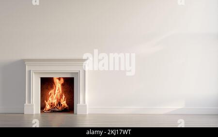 Large traditional fireplace with roaring fire. Empty mantle piece ...
