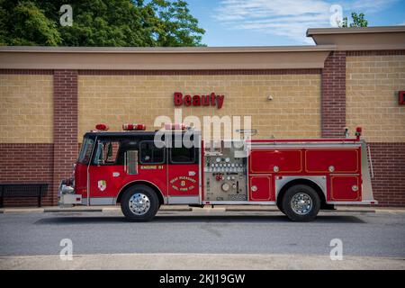 Fire brigade engine truck with 'Beauti' sign Stock Photo