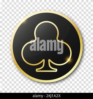 Poker chip in black with golden border on a transparent background with a suit of crosses. Clubs sign. Stock Vector
