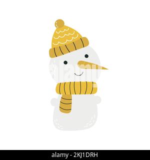 Smiling snowman in a yellow hat and scarf. Hand-drawn, isolated on white background. Design for greeting card, banner. Scandinavian minimalistic style Stock Vector