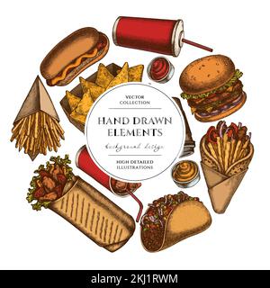 Street food circle design. Hand drawn sauces, nachos, soda, gyros, burger, taco, shawarma, french fries, hot dog, paper cup. Stock Vector