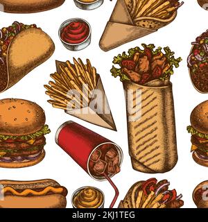 Street food seamless pattern background design. Engraved style. Hand drawn sauces, soda, gyros, burger, taco, shawarma, french fries, hot dog. Stock Vector
