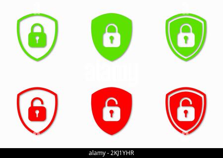 Set of Shield Lock and Unlock Icon. Symbol padlock. Vector sign Illustration. Stock Vector