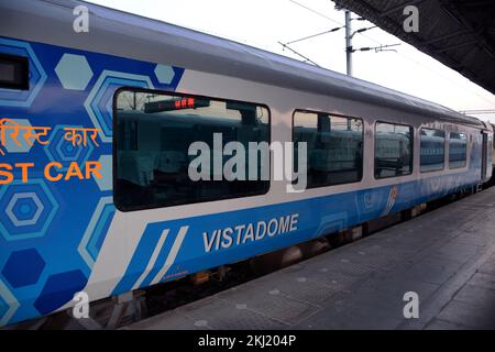 Indian Railways Vistadome Coach train which is a state of the art coach designed to provide passengers with travel comfort and an enhanced experience Stock Photo