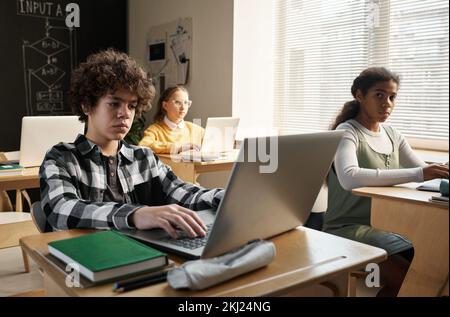 Group of children sitting at their desks and learning to use computers at IT lesson in class Stock Photo