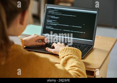Rear view of schoolgirl examining computer codes on monitor on laptop while sitting at desk at class Stock Photo
