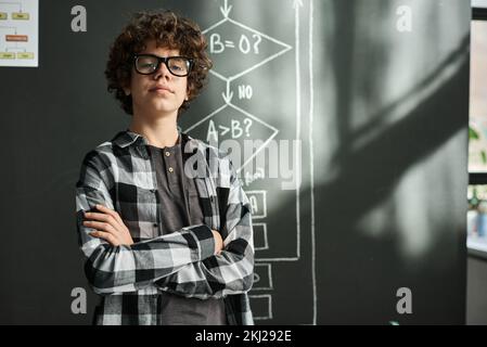 Portrait of intelligent schoolboy with curly hair looking at camera standing against blackboard with formula Stock Photo