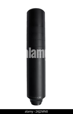 Black silencer for weapons. Suppressor that is at the end of an assault rifle. Isolate on a white background. Stock Photo