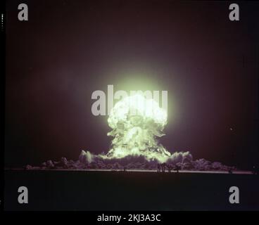 Project 30-18 - Operation Upshot/Knothole (Nevada Test Site) Detonation. BANDGER fireball, ground view. Photographs of Atmospheric Nuclear Testing at Pacific Island and Nevada Test Sites. Stock Photo
