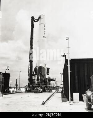 Project 26 - Operation Dominic (Johnston Island/Christmas Island/Maui, Hawaii) Test Activities. Thor on launch pad, Johnston Island. Photographs of Atmospheric Nuclear Testing at Pacific Island and Nevada Test Sites. Stock Photo