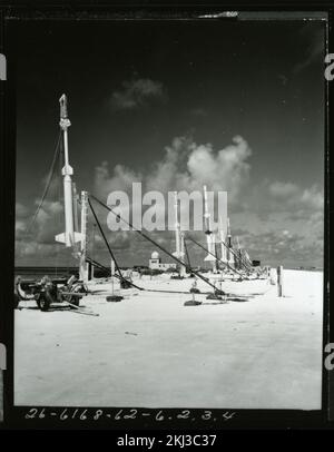 Project 26 - Operation Dominic (Johnston Island/Christmas Island/Maui, Hawaii) Test Activities. Array of instrument rockets on Johnston Island. Photographs of Atmospheric Nuclear Testing at Pacific Island and Nevada Test Sites. Stock Photo