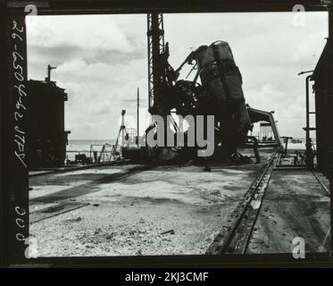 Project 26 - Operation Dominic (Johnston Island/Christmas Island/Maui, Hawaii) Test Activities. Thor pad after BLUEGILL PRIME fire. Photographs of Atmospheric Nuclear Testing at Pacific Island and Nevada Test Sites. Stock Photo