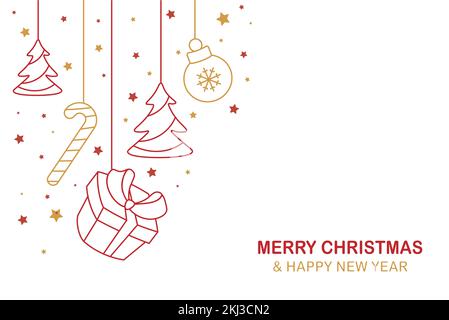 Hand drawn yellow and red merry christmas decorative background elements are on the left Stock Vector