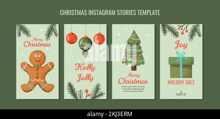 set of christmas templates for instagram stories in textured watercolor style Stock Vector