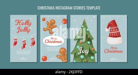 set of christmas templates for instagram stories in textured watercolor style gingerbread men and christmas balls Stock Vector