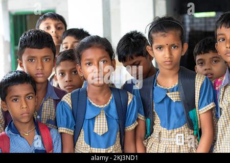 Group of School boys with backpack at school Stock Photo