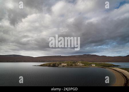 A still, autumnal HDR image of Ard Neakie peninsula with the lime kilns, quarry and ferry house in Loch Eriboll, Sutherland, Scotland. 27 October 2022 Stock Photo