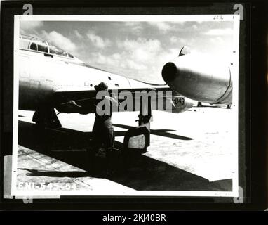 Project 22 - Operation Castle (Bikini/Enewetak) Test Activities. F-84G Decontamination. Photographs of Atmospheric Nuclear Testing at Pacific Island and Nevada Test Sites. Stock Photo