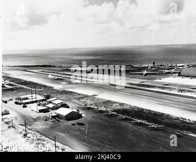 Project 22 - Operation Castle (Bikini/Enewetak) Test Activities. Enewetak Airfield Looking West. Photographs of Atmospheric Nuclear Testing at Pacific Island and Nevada Test Sites. Stock Photo