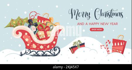 Christmas banner with santas sleigh christmas gifts boxes. Season sale Stock Vector