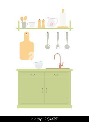 Provence style kitchen cabinet in green color with kitchen utensils Stock Vector