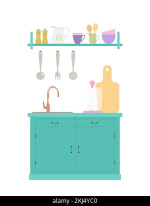 Provence style kitchen cabinet in blue color with kitchen utensils Stock Vector
