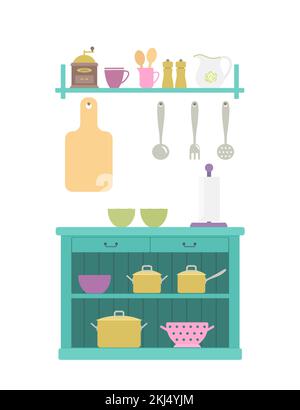 Provence style kitchen cabinet in blue color with pots and kitchen utensils Stock Vector