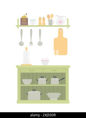 Provence style kitchen cabinet in green color with pots and kitchen utensilsillustration Stock Vector