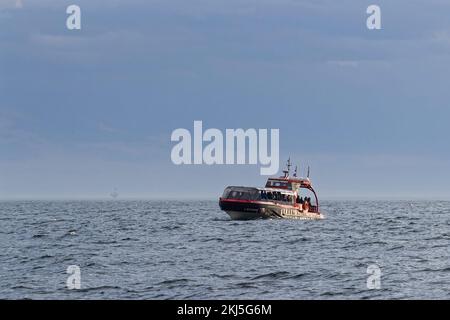 TADOUSSAC, QUEBEC, October 13, 2022 : A boat on Saint-Lawrence river during a whale watching cruise Stock Photo