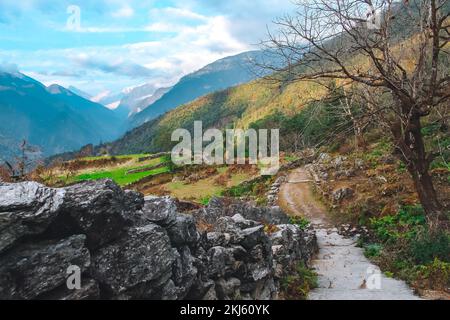 Namchebazaar, Khumjung Valley and Himalayas of Everest Base Camp Trekking in Solukhumbu, Nepal with Buddhist Prayer Flags and Wheel Stock Photo