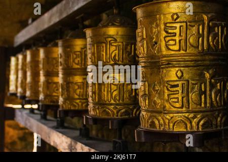 Namchebazaar, Khumjung Valley and Himalayas of Everest Base Camp Trekking in Solukhumbu, Nepal with Buddhist Prayer Flags and Wheel Stock Photo