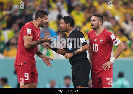 Aleksandar Mitrovic of Serbia during the FIFA World Cup Qatar 2022 match, Group G, between Brazil and Serbia played at Lusail Stadium on Nov 24, 2022 in Lusail, Qatar. (Photo by Bagu Blanco / PRESSIN) Credit: PRESSINPHOTO SPORTS AGENCY/Alamy Live News Stock Photo