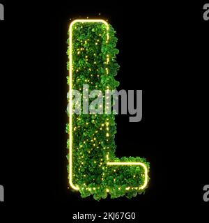 3d alphabet letter L. Green plant, glowing neon leaves, grass, moss, basil, mint. Isolated on black background with Clipping Path. 3d illustration. Stock Photo