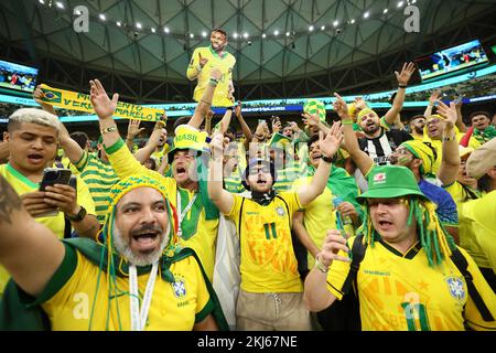 Lusail, Qatar. 24th Nov, 2022. Fans are seen before the Group G match between Brazil and Serbia at the 2022 FIFA World Cup at Lusail Stadium in Lusail, Qatar, Nov. 24, 2022. Credit: Lan Hongguang/Xinhua/Alamy Live News Stock Photo